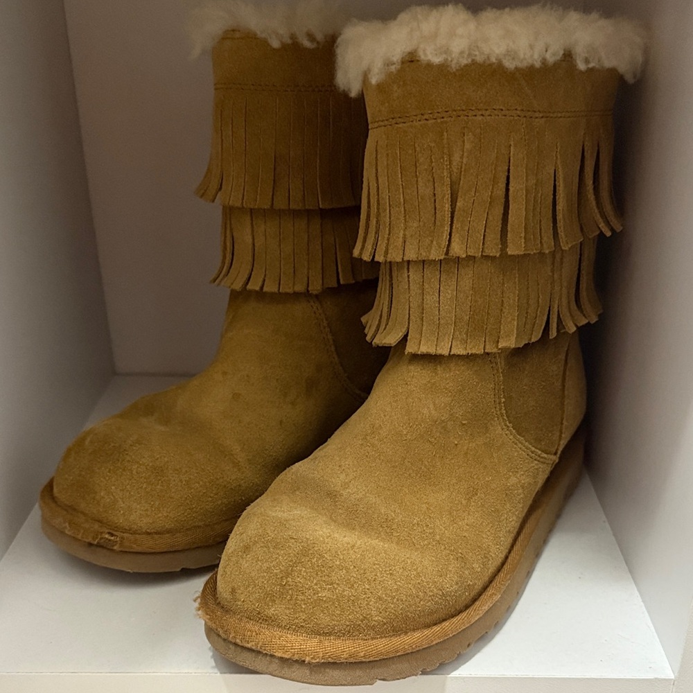 Ugh Tan Suede Fringe Boots with Shearling Lining